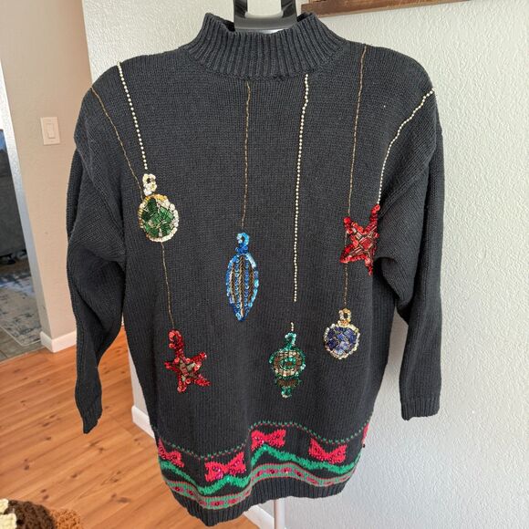 Extra Point Holiday Christmas Sweater Dress Ornament Ramie Cotton Sequin 2X - Picture 1 of 4